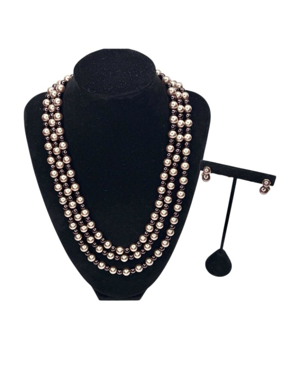 Chocolate & Champagne Vintage Faux Pearl Necklace 60" Long Flapper + Earrings - Picture 2 of 15
